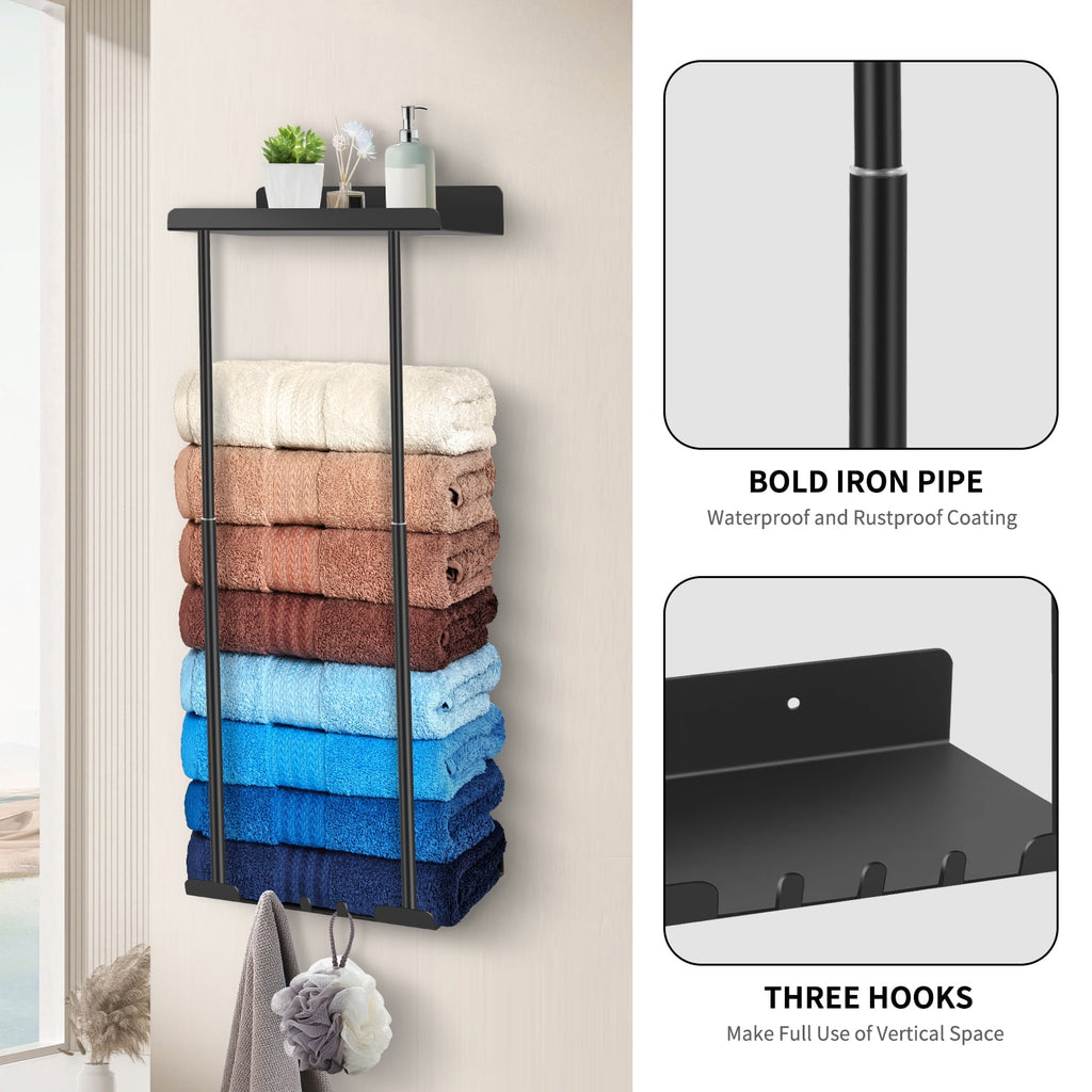 PHANCIR Retractable Wall Towel Rack with Shelf & Hooks, Black