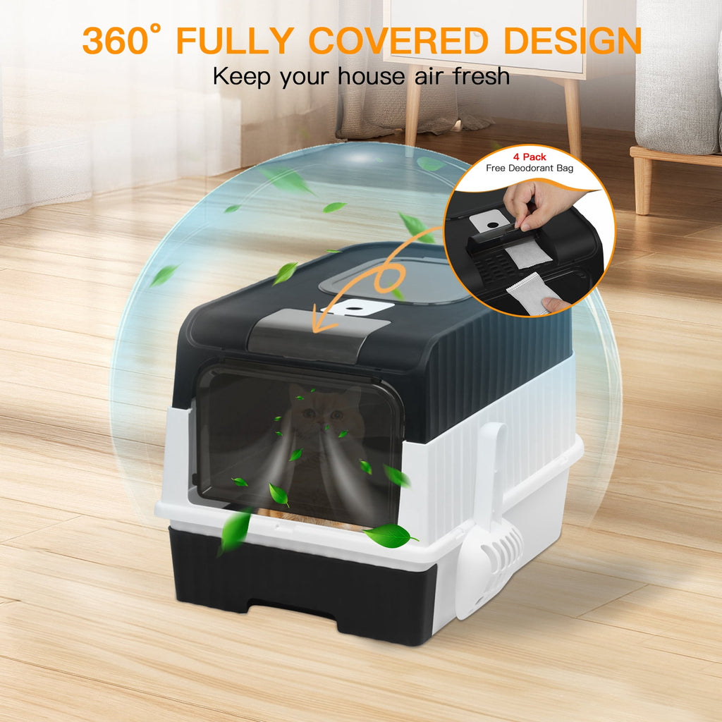 PHANCIR Foldable Enclosed Cat Litter Box with Scoop, Black