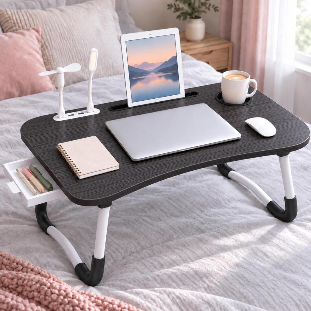 PHANCIR 23.6-Inch Folding Lap Desk with USB Fan and Reading Light, Black