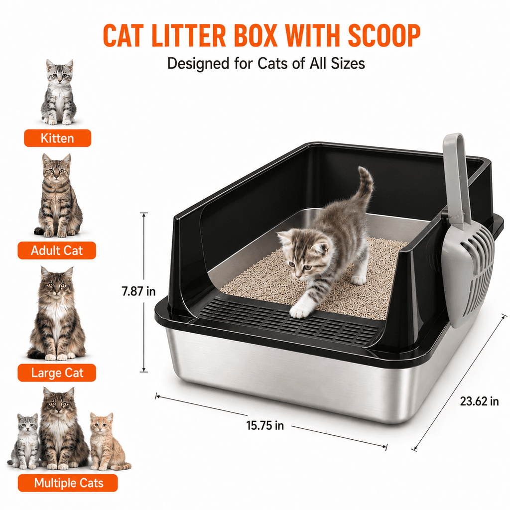 PHANCIR XL High-Sided Stainless Steel Cat Litter Box with Scoop, Black