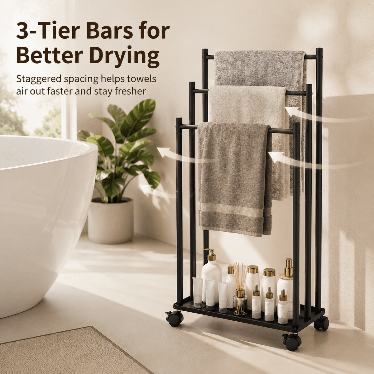 PHANCIR 3-Tier Rolling Towel Rack with Bottom Storage Shelf, Black