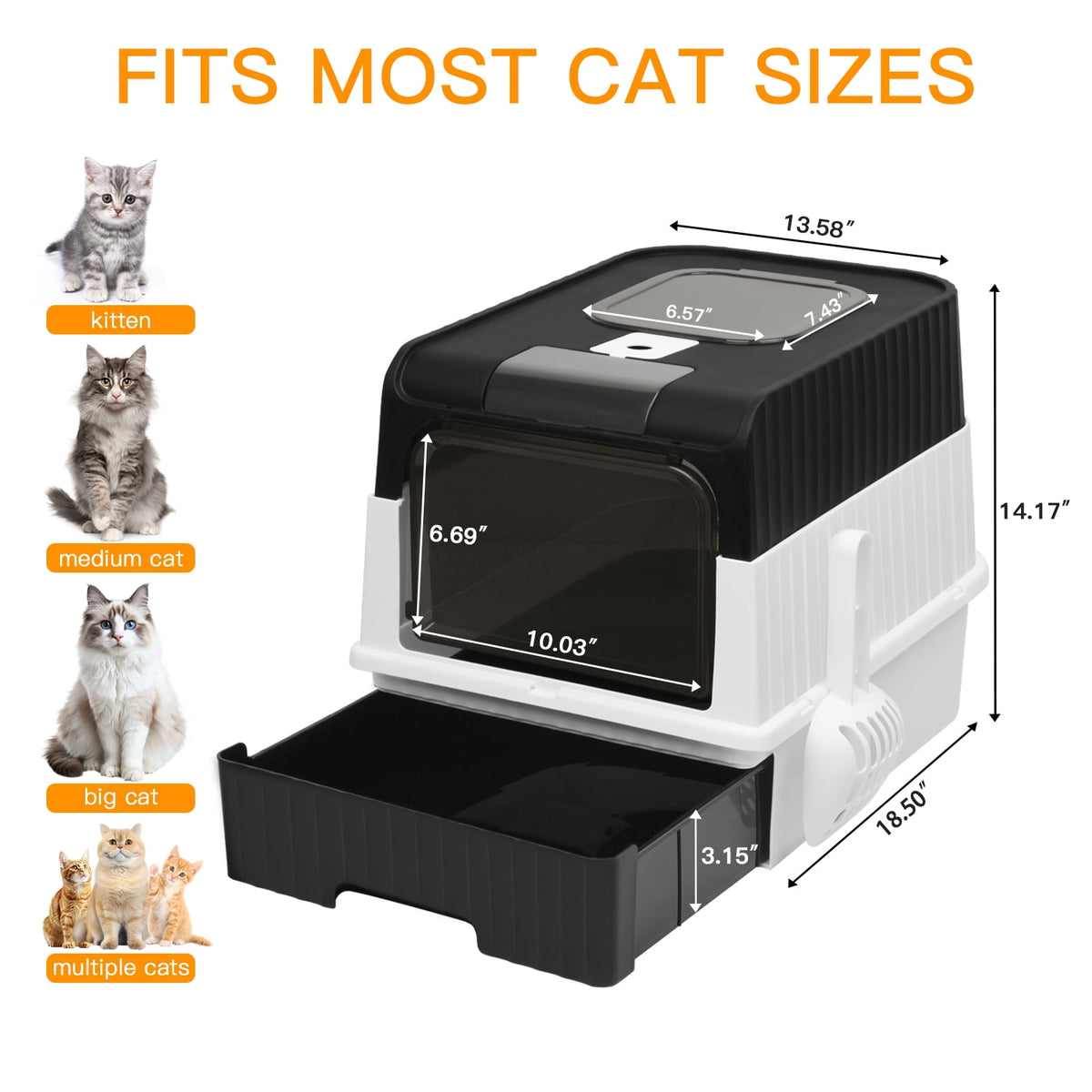 PHANCIR Foldable Enclosed Cat Litter Box with Scoop, Black