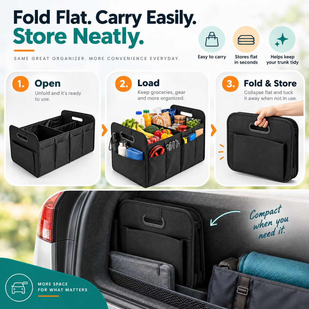 PHANCIR Foldable Car Trunk Organizer with Lid, Black