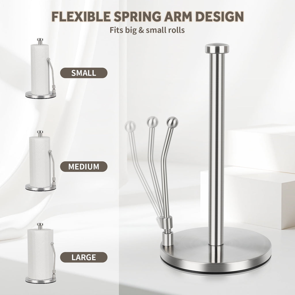 PHANCIR Paper Towel Holder with Spring Arm and Weighted Base, Silver