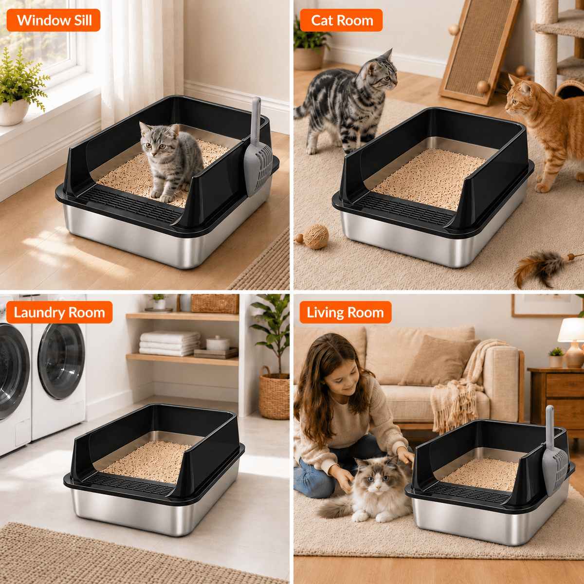 PHANCIR XL High-Sided Stainless Steel Cat Litter Box with Scoop, Black