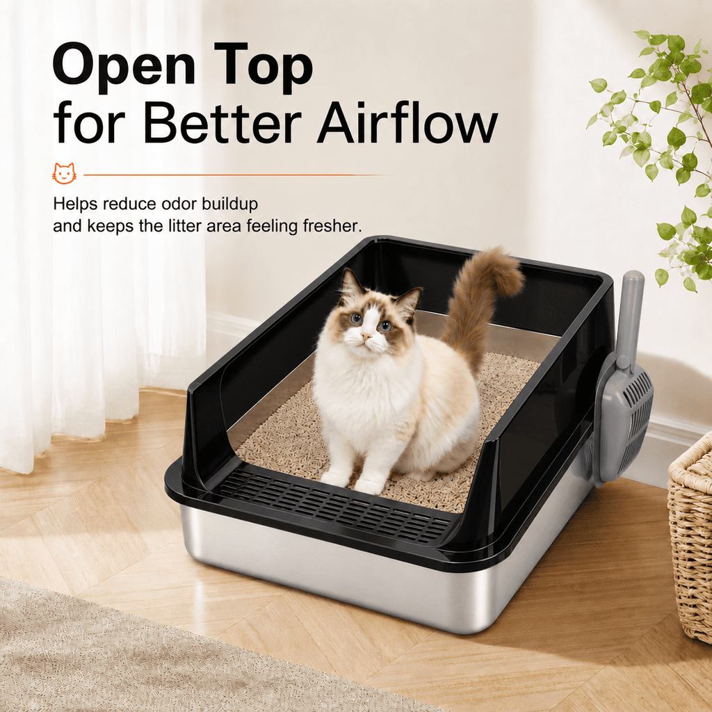 PHANCIR XL High-Sided Stainless Steel Cat Litter Box with Scoop, Black