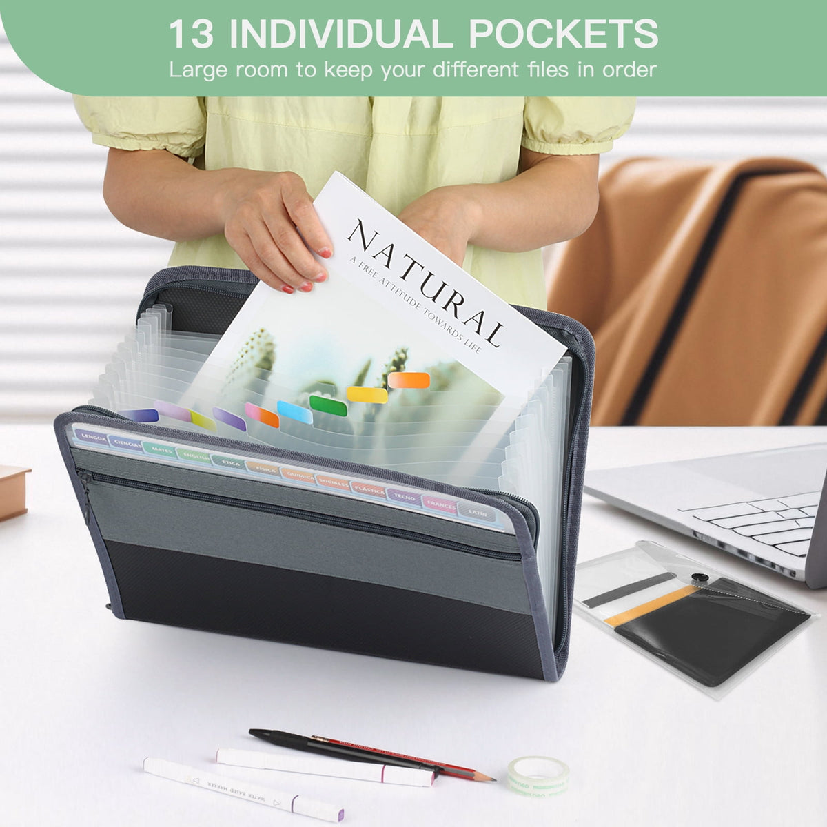 PHANCIR 2-Pack A7 13-Pocket Accordion File Organizer with Zipper