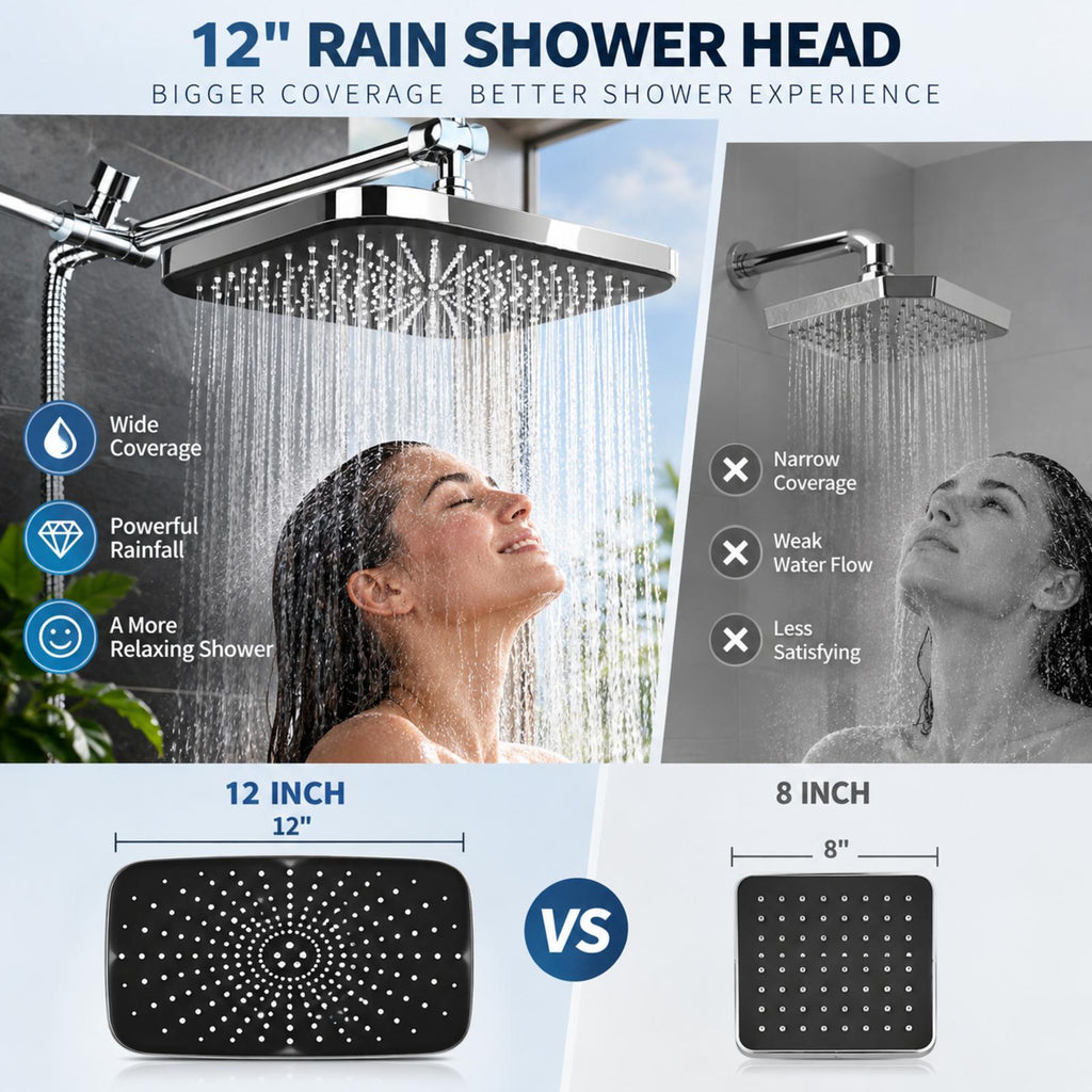 12" Rain Shower Head Combo, High Pressure Rainfall & 6 Spray Handheld Shower Head