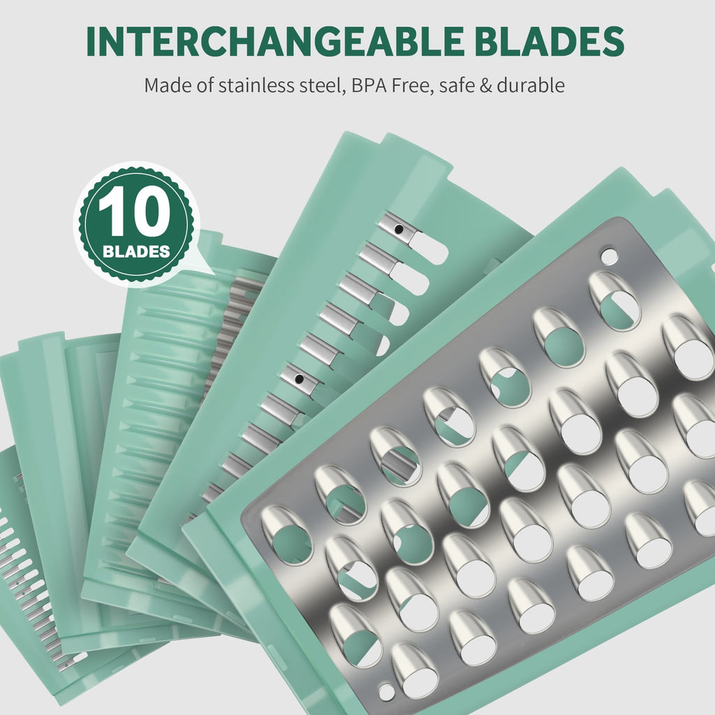 Rotary Cheese Grater with 10 Blades and Suction Base, Green
