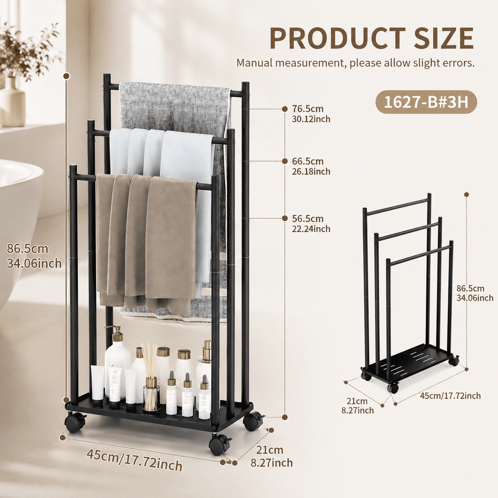 PHANCIR 3-Tier Rolling Towel Rack with Bottom Storage Shelf, Black