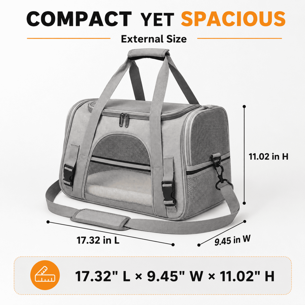 PHANCIR 17.32-Inch Foldable Soft-Sided Cat Carrier with Plush Mat, Gray