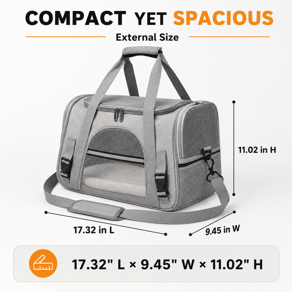 PHANCIR 17.32-Inch Foldable Soft-Sided Cat Carrier with Plush Mat, Gray