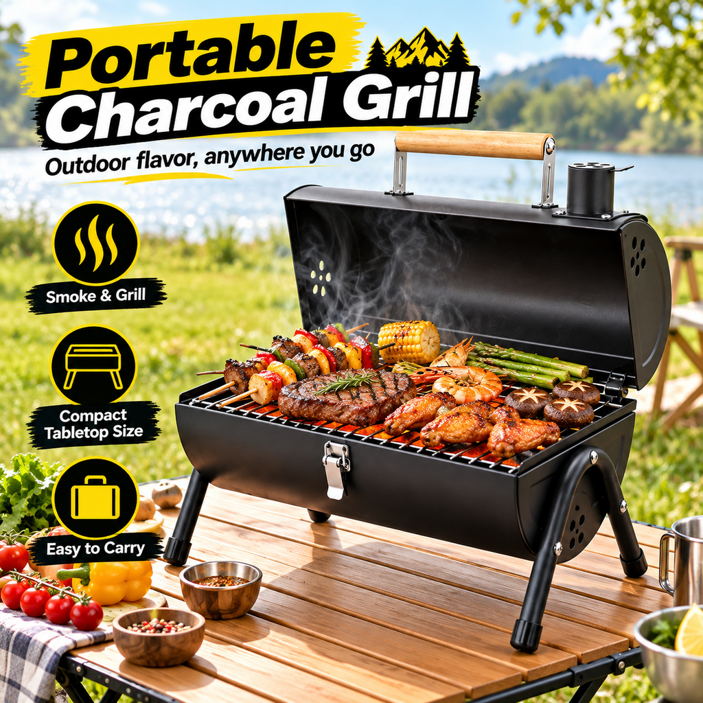 Portable Barrel Charcoal Grill and Tabletop BBQ Smoker, Black