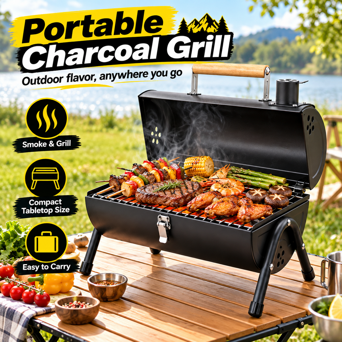Portable Barrel Charcoal Grill and Tabletop BBQ Smoker, Black