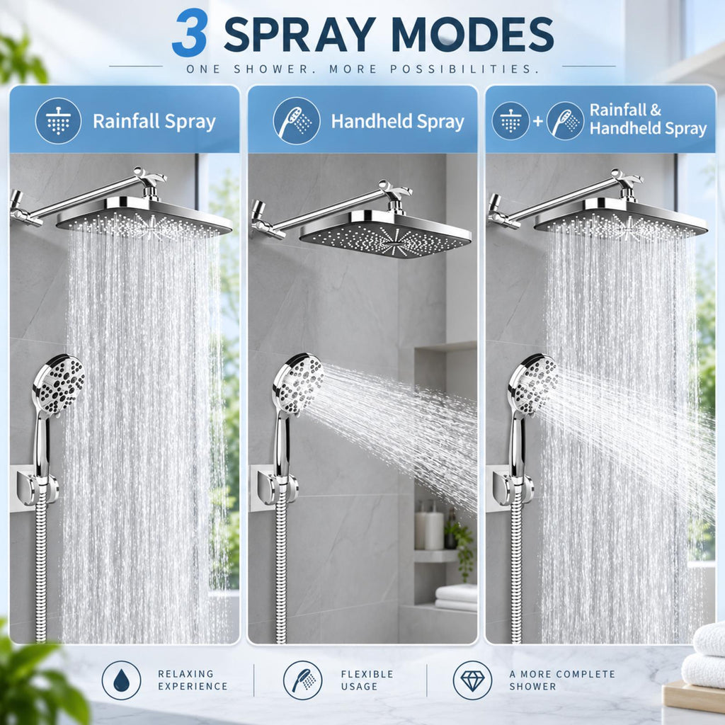 12" Rain Shower Head Combo, High Pressure Rainfall & 6 Spray Handheld Shower Head