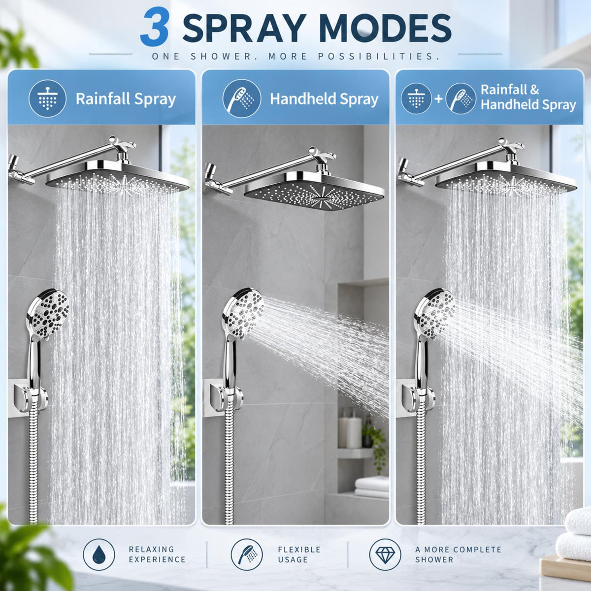 12" Rain Shower Head Combo, High Pressure Rainfall & 6 Spray Handheld Shower Head
