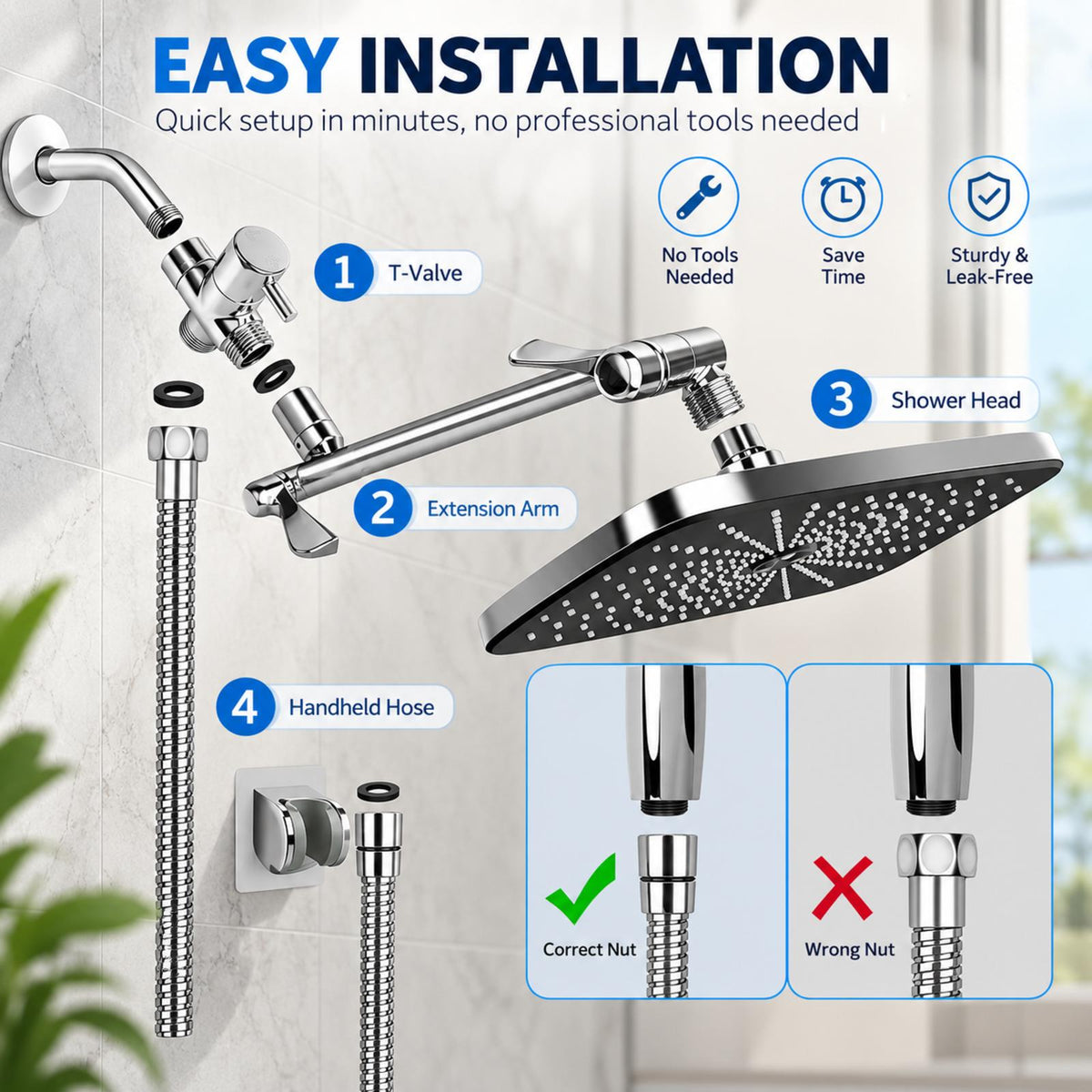 12" Rain Shower Head Combo, High Pressure Rainfall & 6 Spray Handheld Shower Head