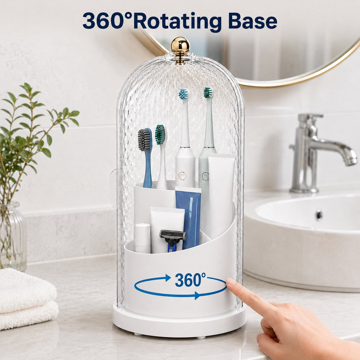 3-Slot Rotating Toothbrush Holder with Cover and Drainage Holes
