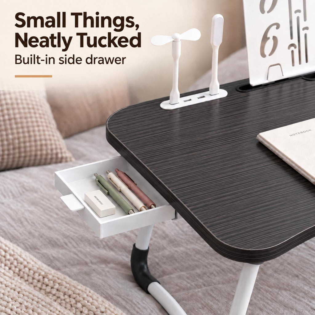 PHANCIR 23.6-Inch Folding Lap Desk with USB Fan and Reading Light, Black
