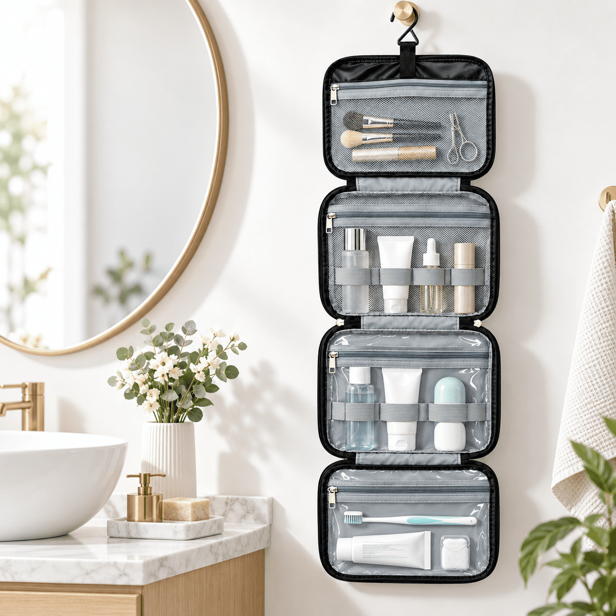Water-Resistant Hanging Travel Toiletry Bag with Hook