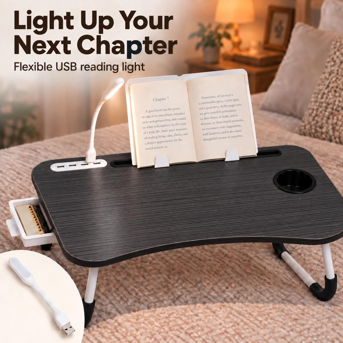 PHANCIR 23.6-Inch Folding Lap Desk with USB Fan and Reading Light, Black
