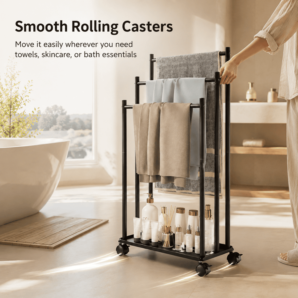PHANCIR 3-Tier Rolling Towel Rack with Bottom Storage Shelf, Black