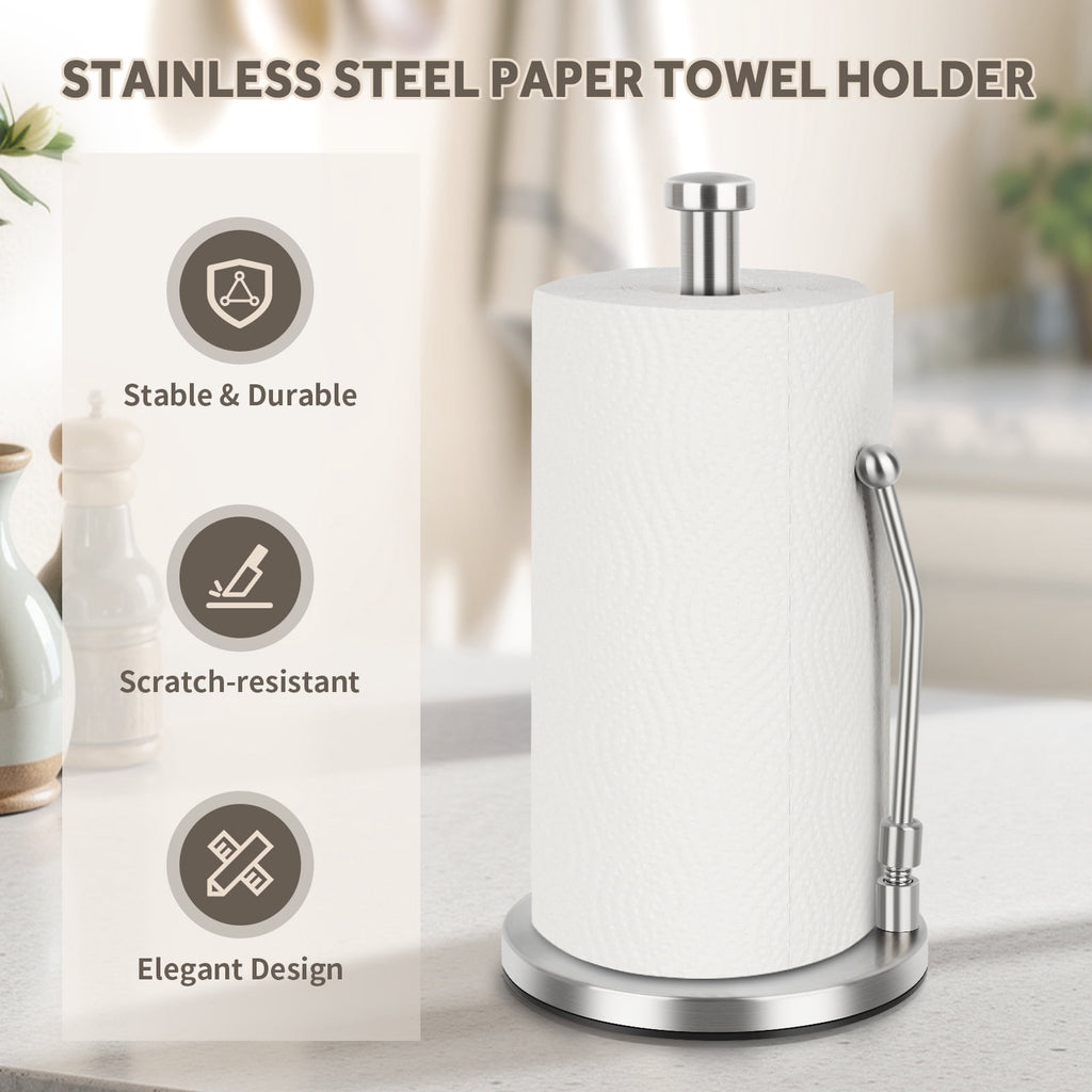 PHANCIR Paper Towel Holder with Spring Arm and Weighted Base, Silver