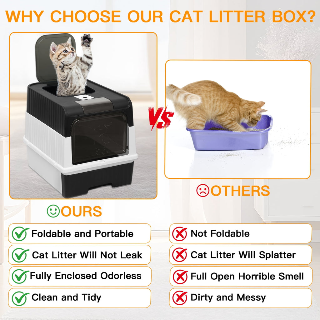 PHANCIR Foldable Enclosed Cat Litter Box with Scoop, Black