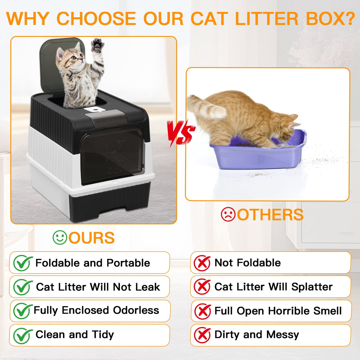 PHANCIR Foldable Enclosed Cat Litter Box with Scoop, Black