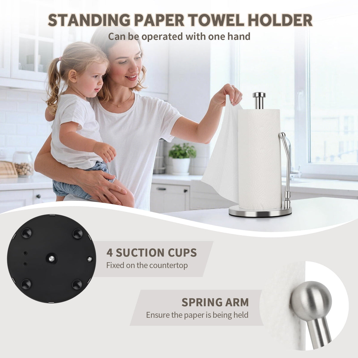 PHANCIR Paper Towel Holder with Spring Arm and Weighted Base, Silver