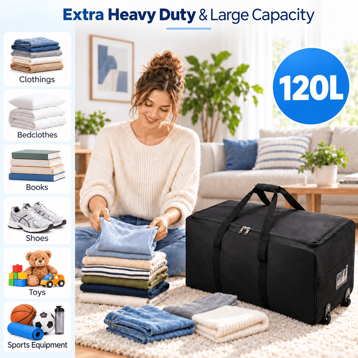 PHANCIR 120L Rolling Moving Bag with 2 Wheels