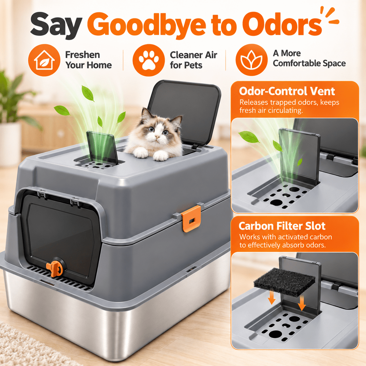 PHANCIR XL Stainless Steel Cat Litter Box with Lid, Gray