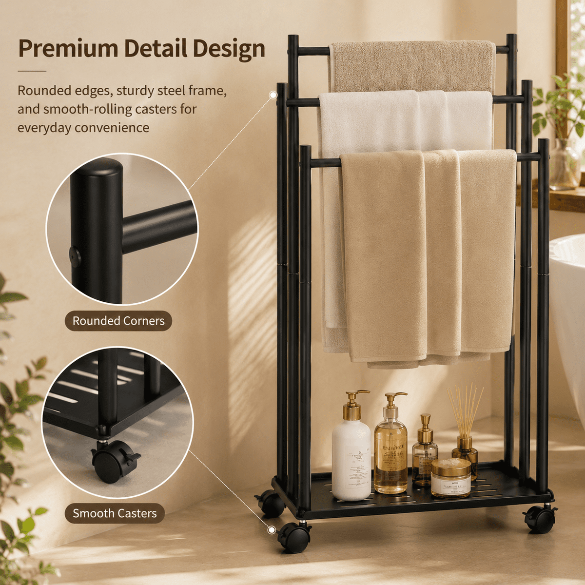 PHANCIR 3-Tier Rolling Towel Rack with Bottom Storage Shelf, Black