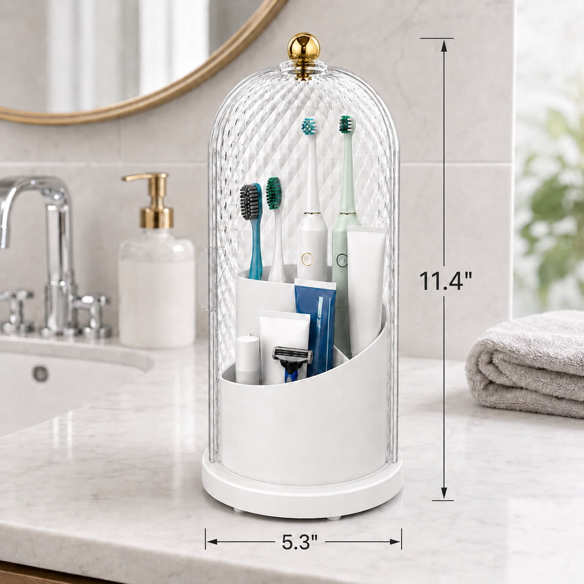 3-Slot Rotating Toothbrush Holder with Cover and Drainage Holes