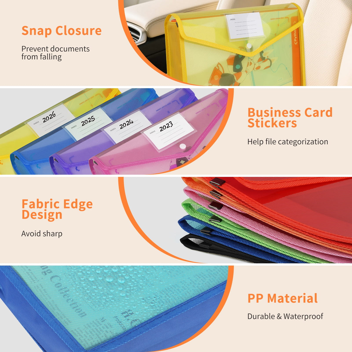 PHANCIR 8-Pack Expanding File Folders, Snap Closure, A4/Letter, Multicolor