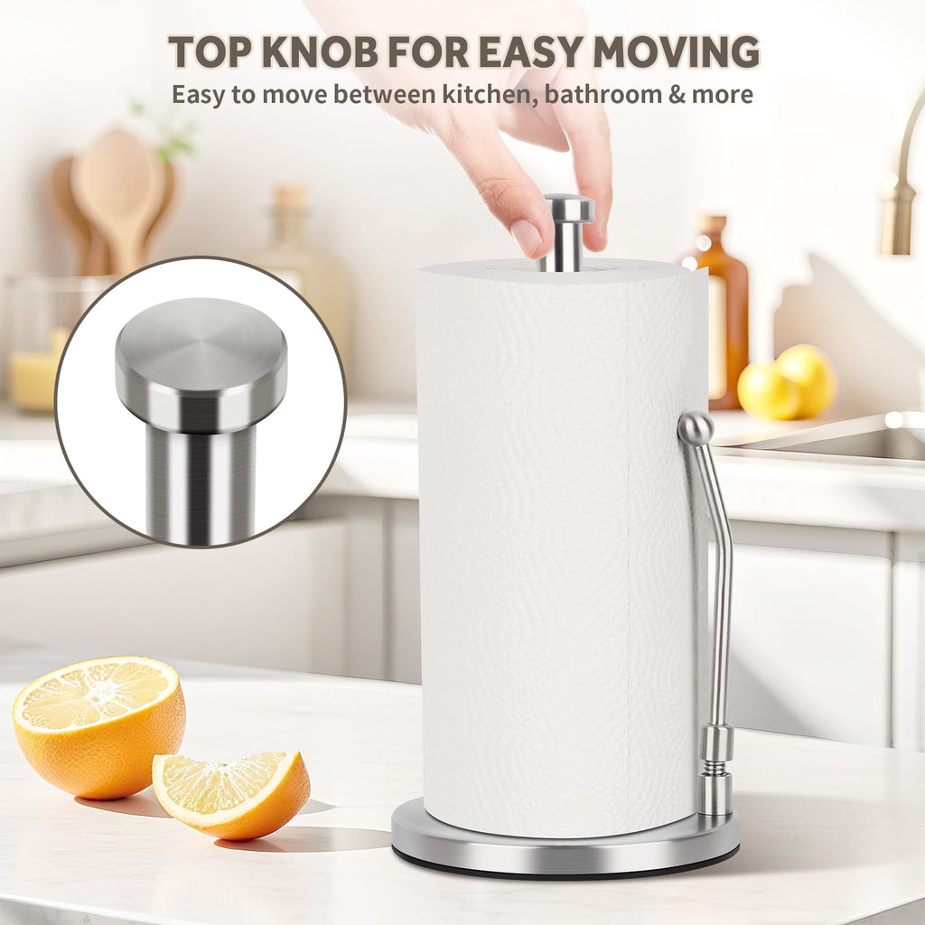 PHANCIR Paper Towel Holder with Spring Arm and Weighted Base, Silver