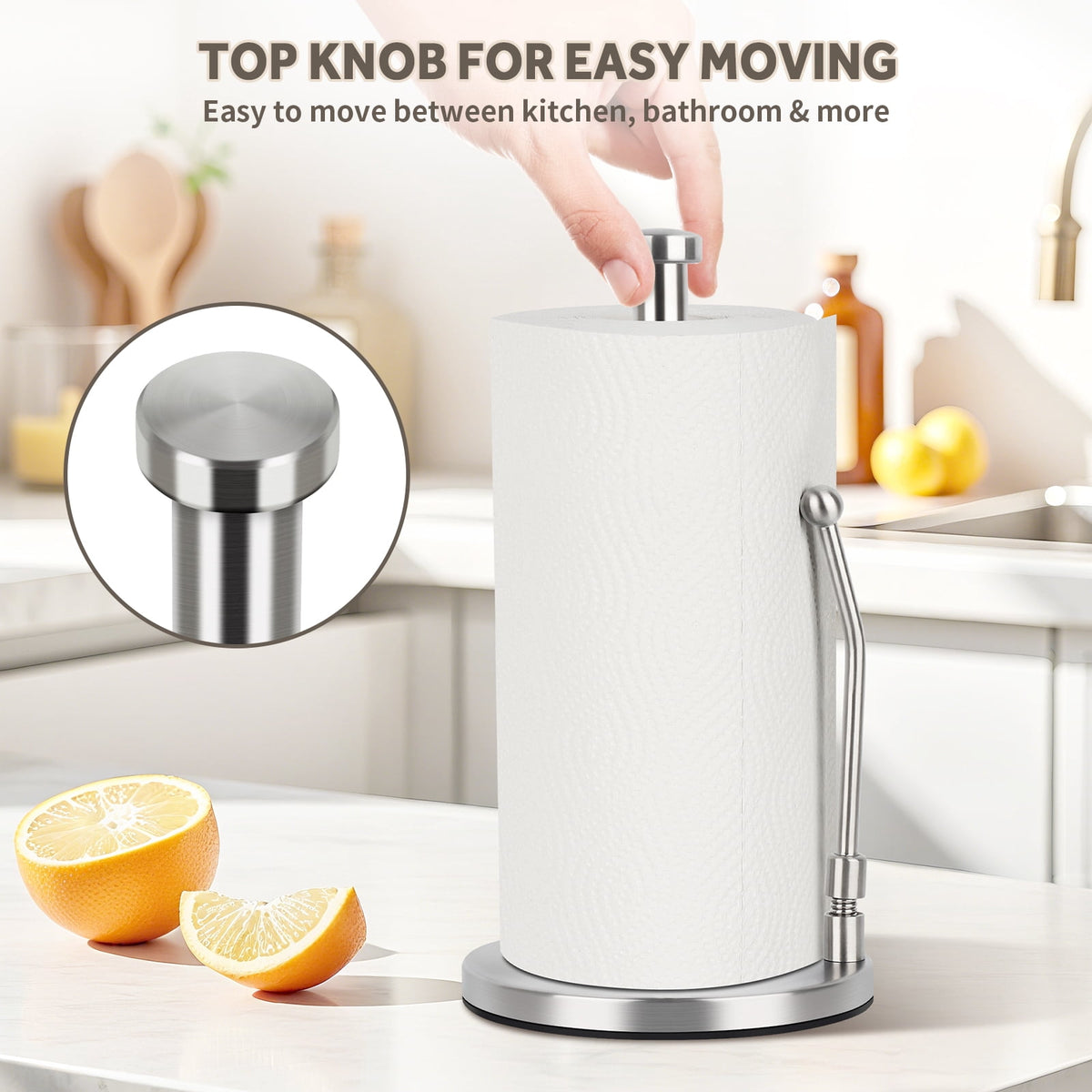 PHANCIR Paper Towel Holder with Spring Arm and Weighted Base, Silver