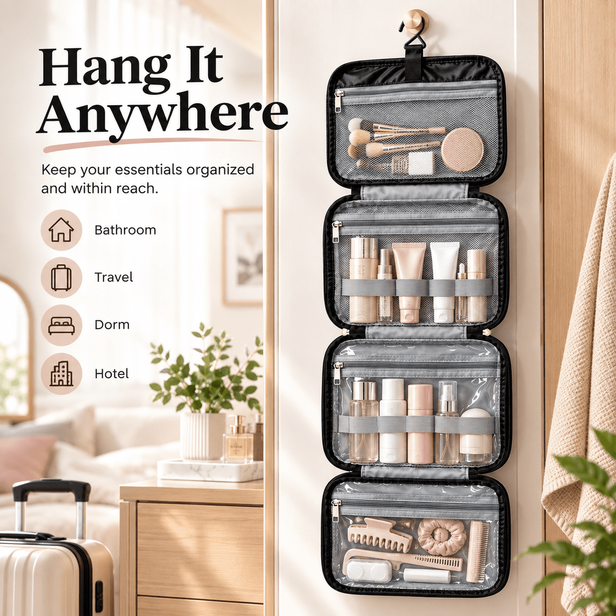 Water-Resistant Hanging Travel Toiletry Bag with Hook