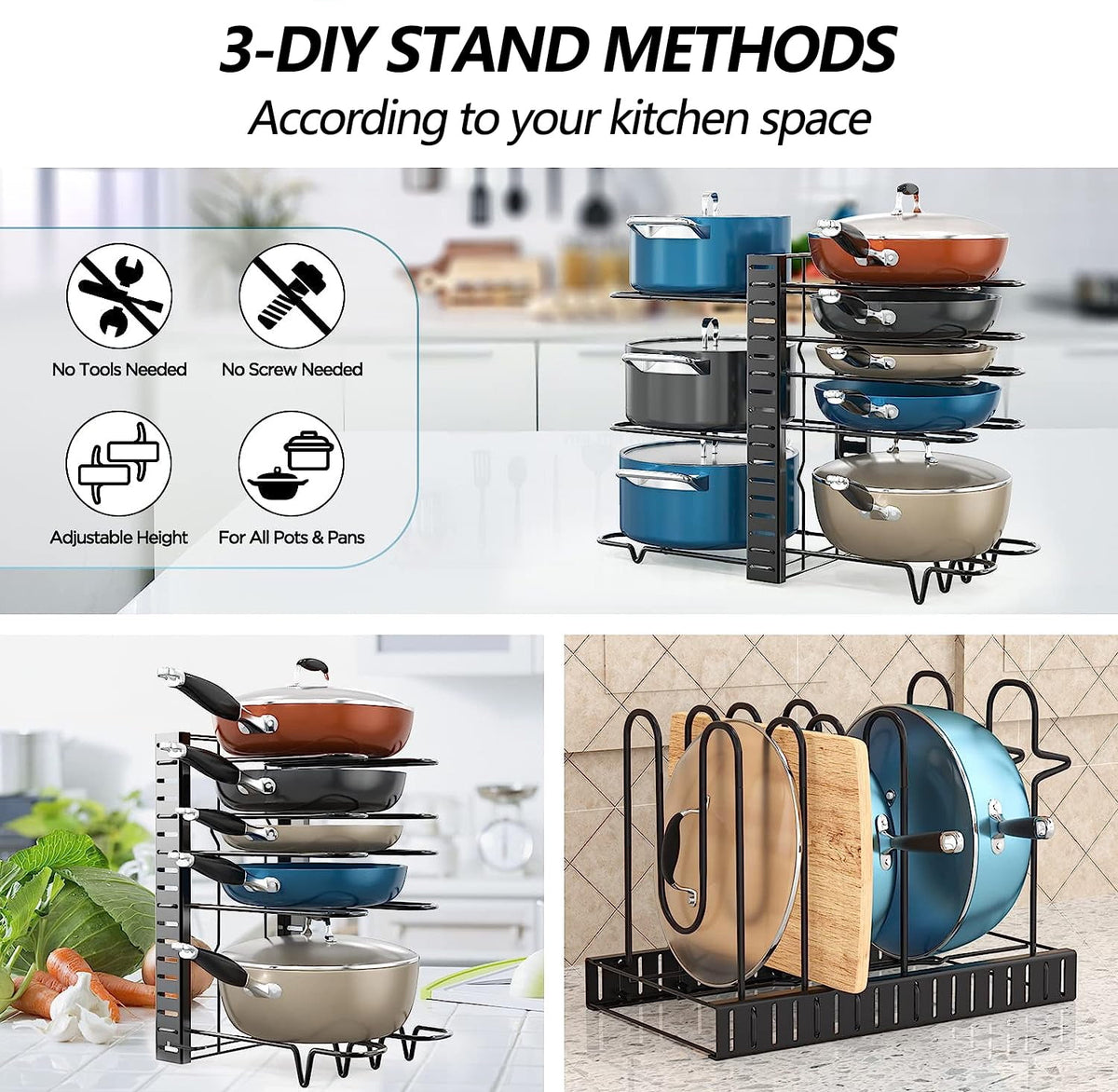 PHANCIR Adjustable 8-Tier Pot & Pan Organizer Rack with Anti-Slip Pads