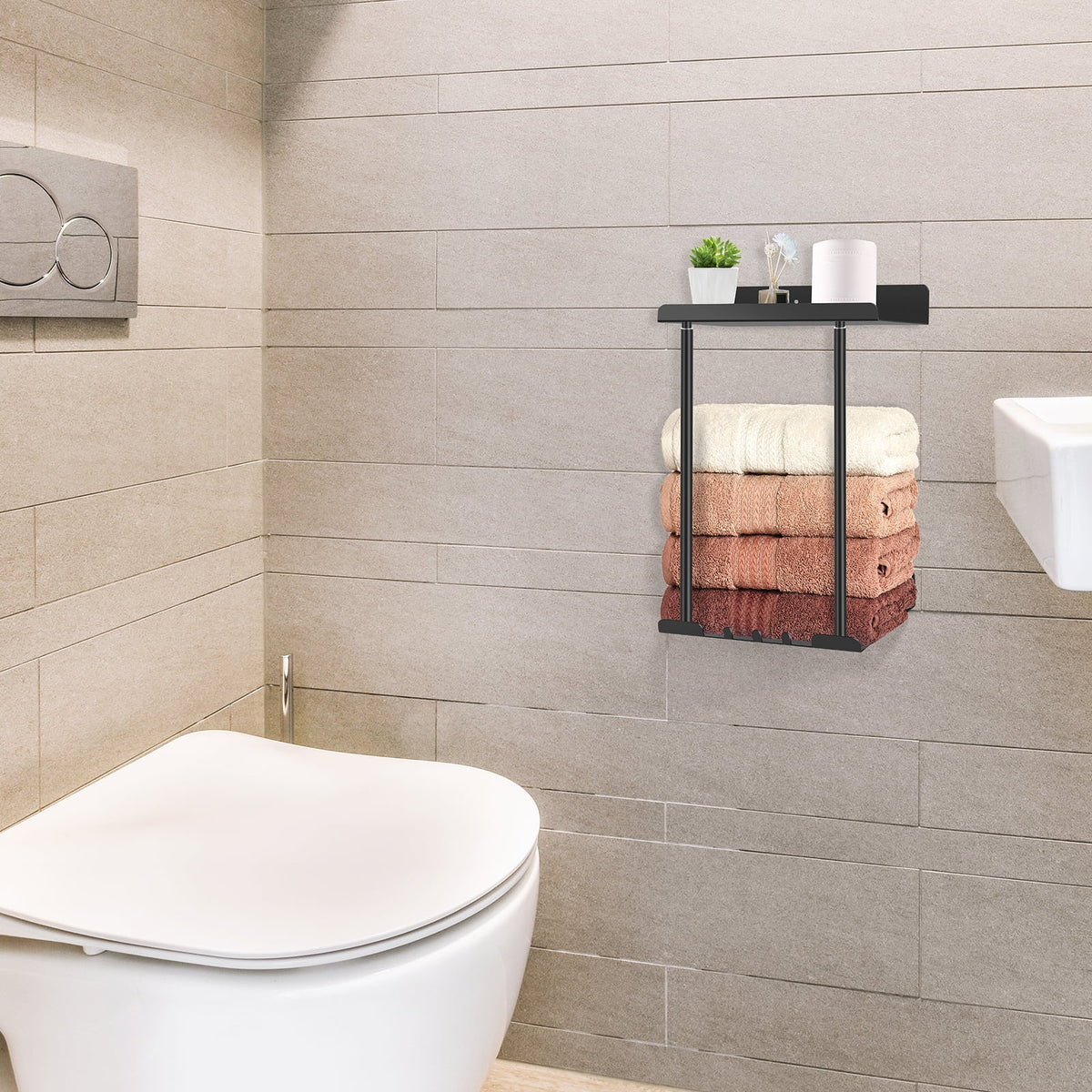 PHANCIR Retractable Wall Towel Rack with Shelf & Hooks, Black