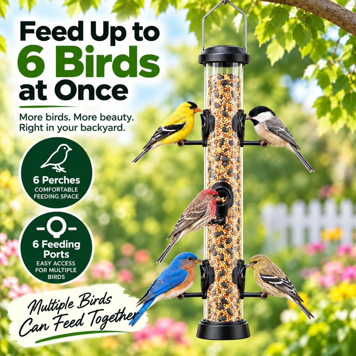 PHANCIR Tube Bird Feeder with 6 Feeding Ports