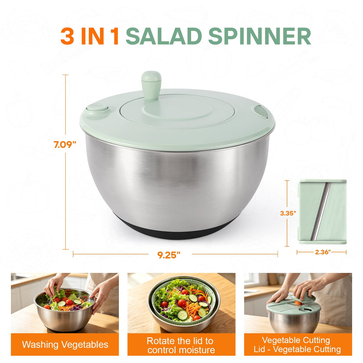 3-in-1 Stainless Steel Salad Spinner with 6 Blades, 4.76 Qt