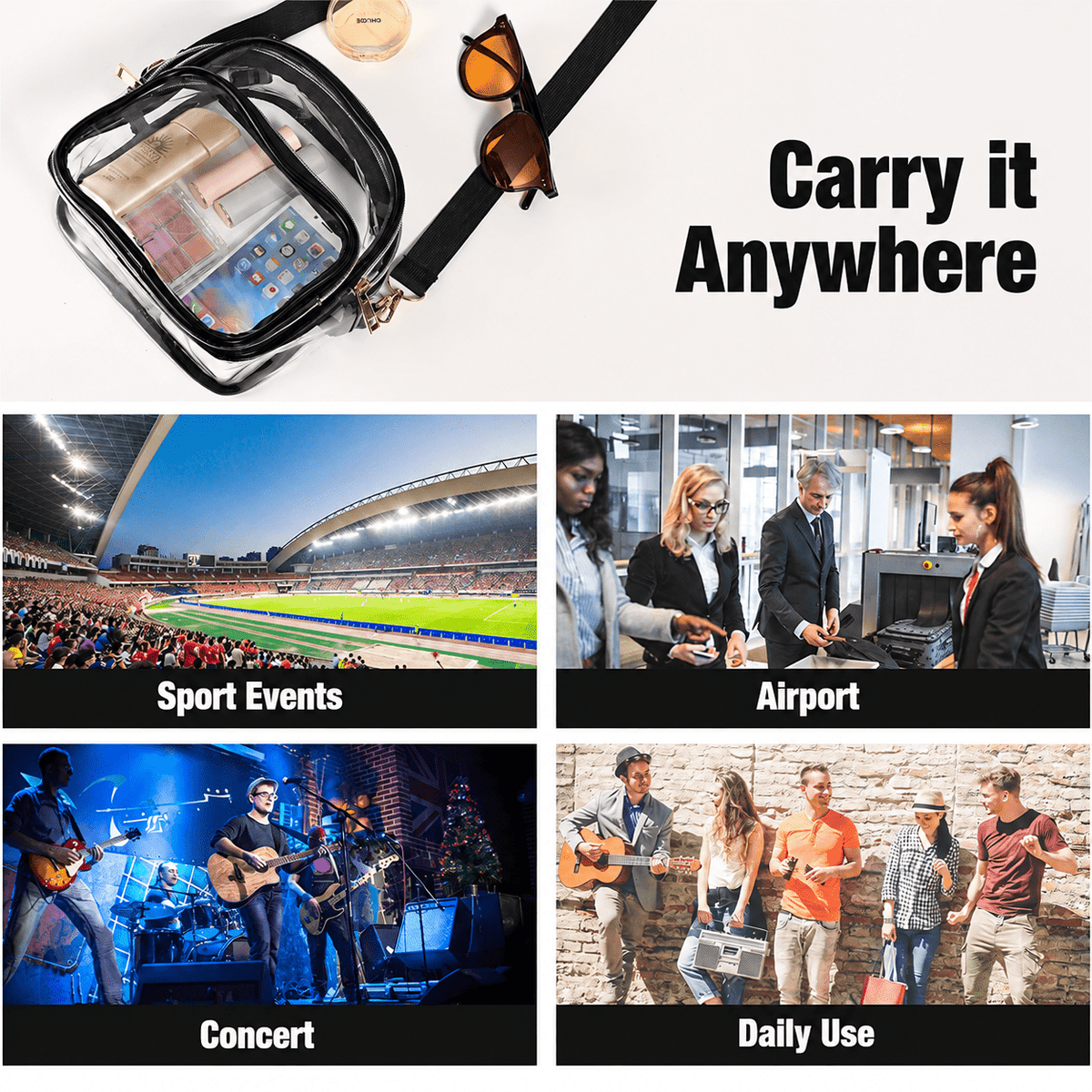 PHANCIR Clear Crossbody Stadium Bag, Black