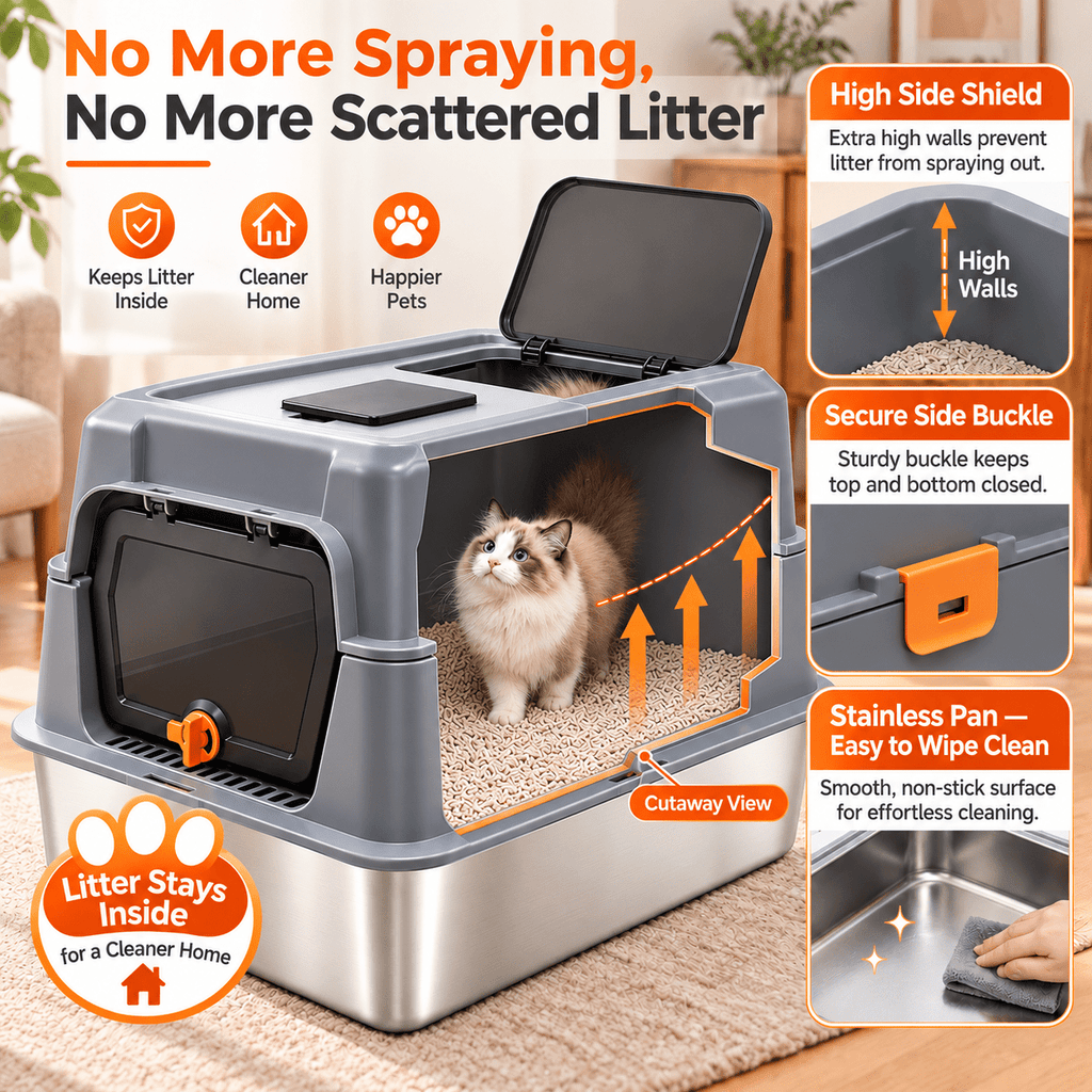PHANCIR XL Stainless Steel Cat Litter Box with Lid, Gray
