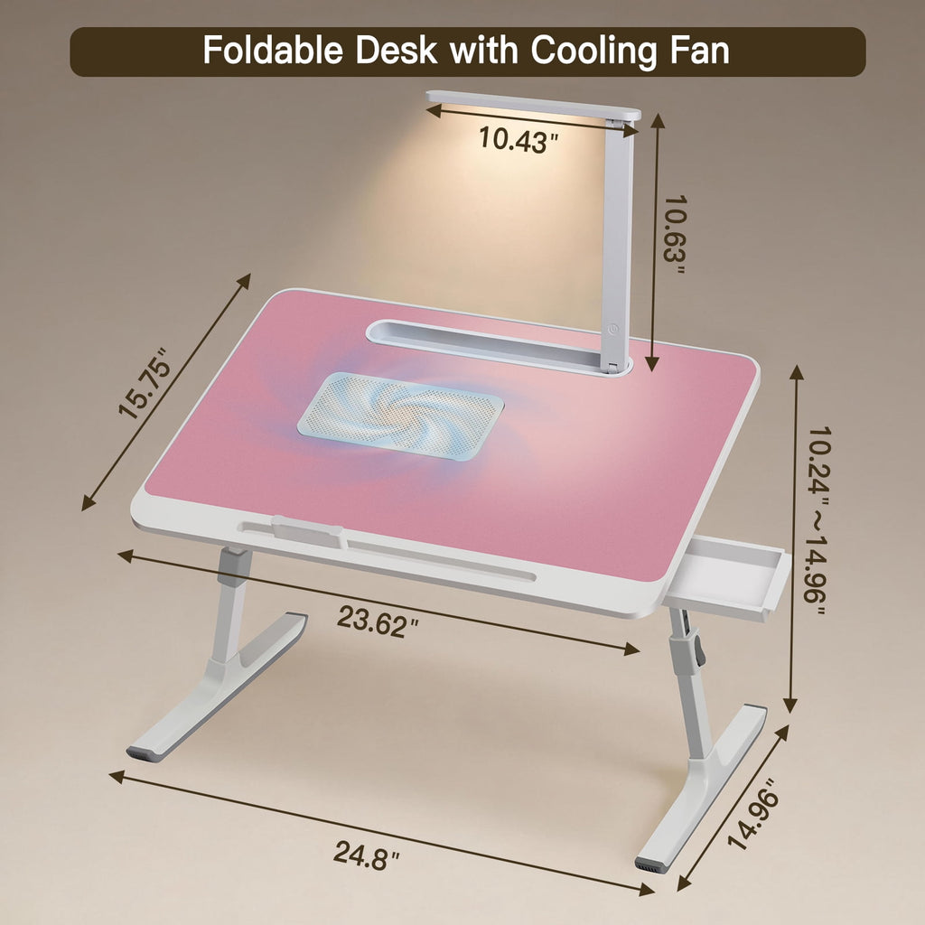 PHANCIR Folding Lap Desk with Cooling Fan and LED Light, Pink