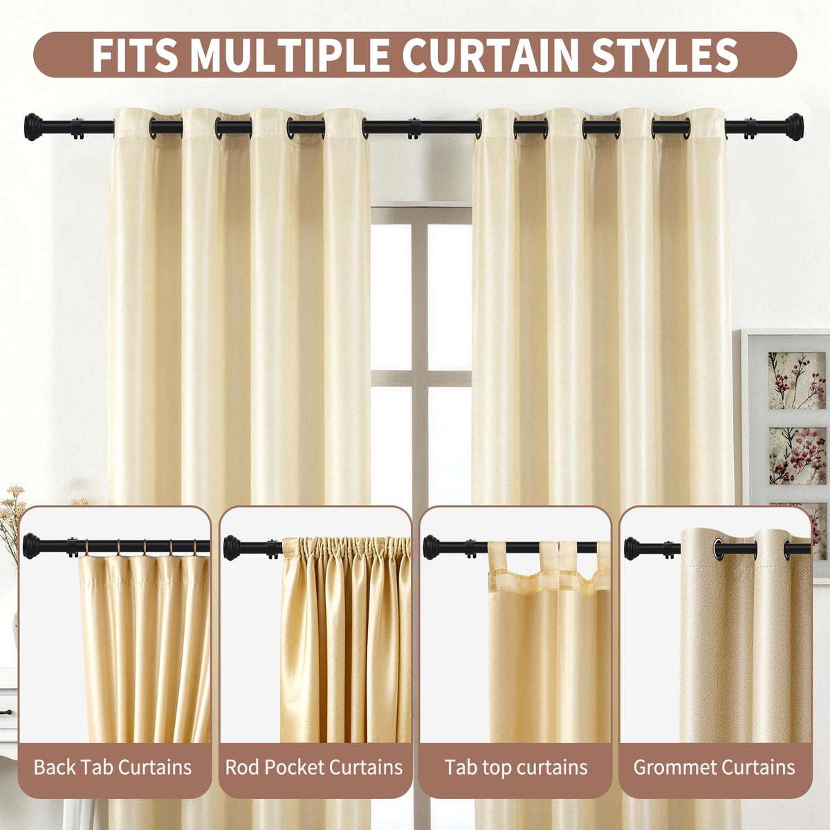 PHANCIR 28-48 Inch Adjustable Curtain Rod with 2 Brackets, Black