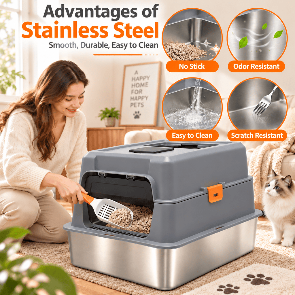 PHANCIR XL Stainless Steel Cat Litter Box with Lid, Gray