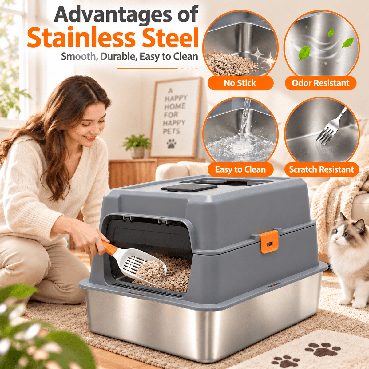 PHANCIR XL Stainless Steel Cat Litter Box with Lid, Gray