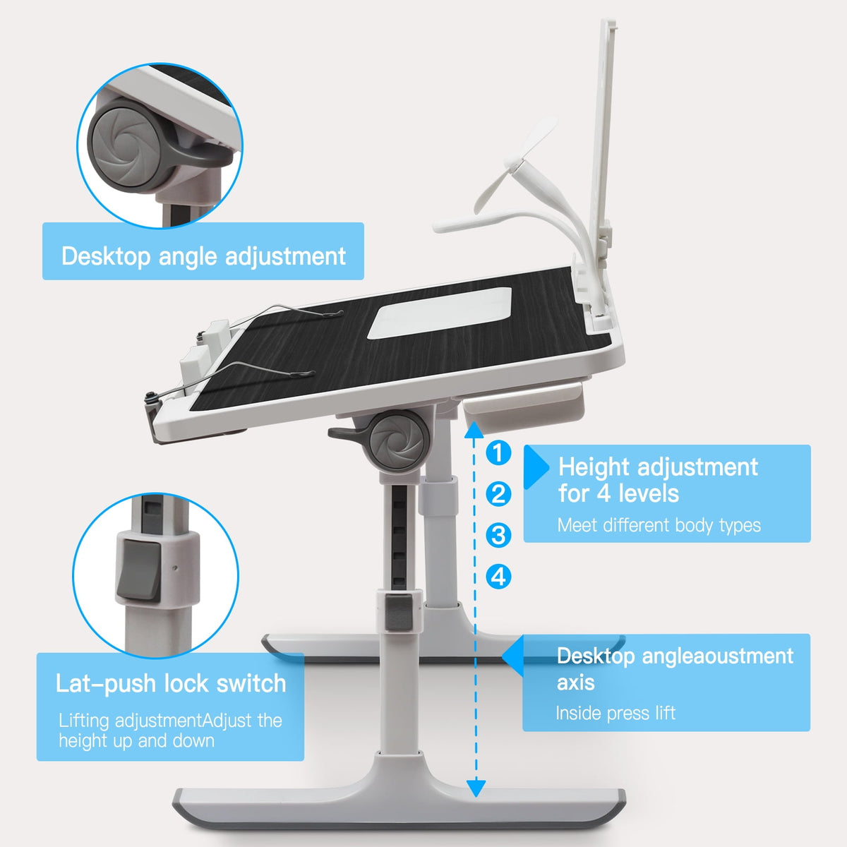 PHANCIR Adjustable Lap Desk with Fan, LED Light and Book Stand, Black