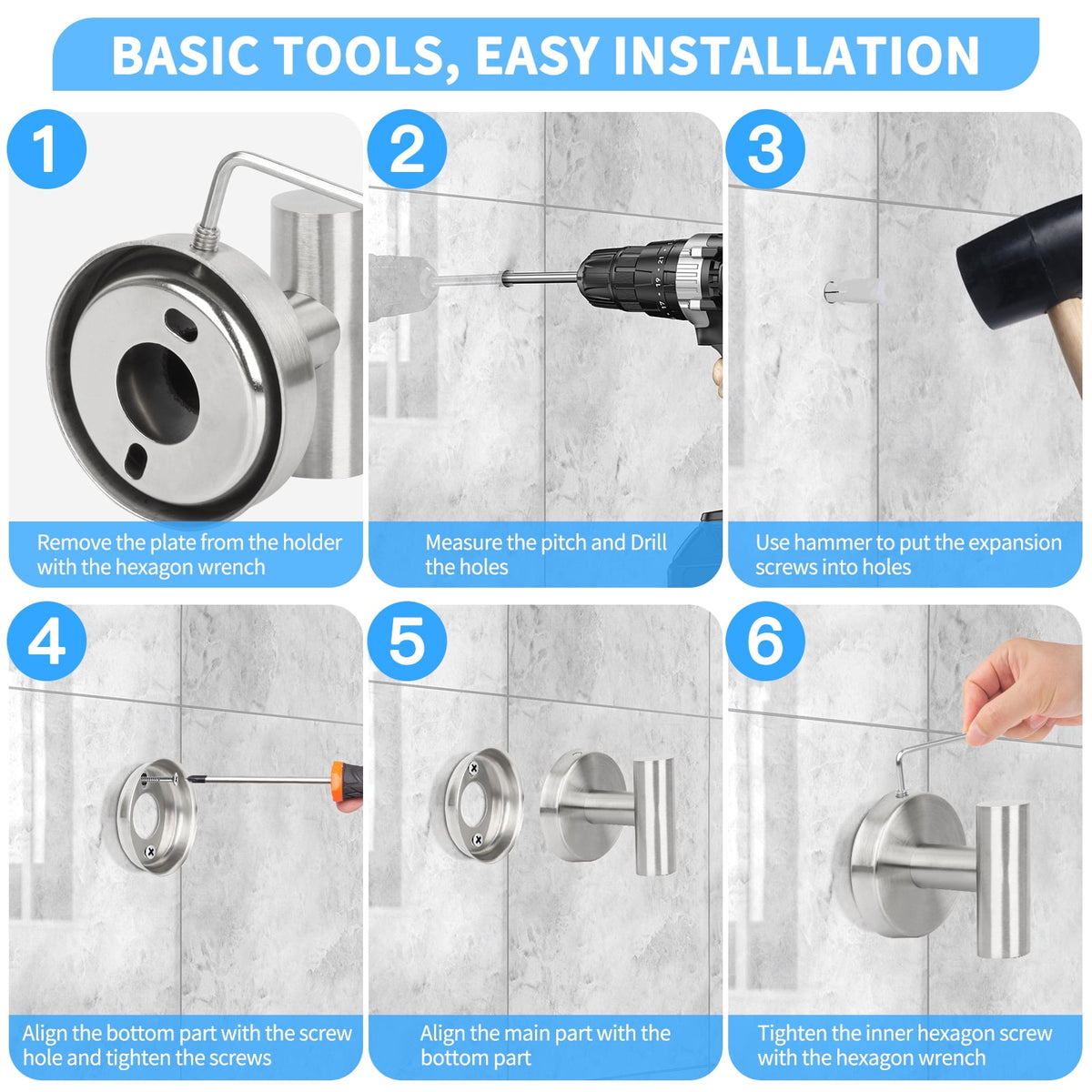 PHANCIR 7-Piece Stainless Steel Bathroom Hardware Set, Nickel-Silver